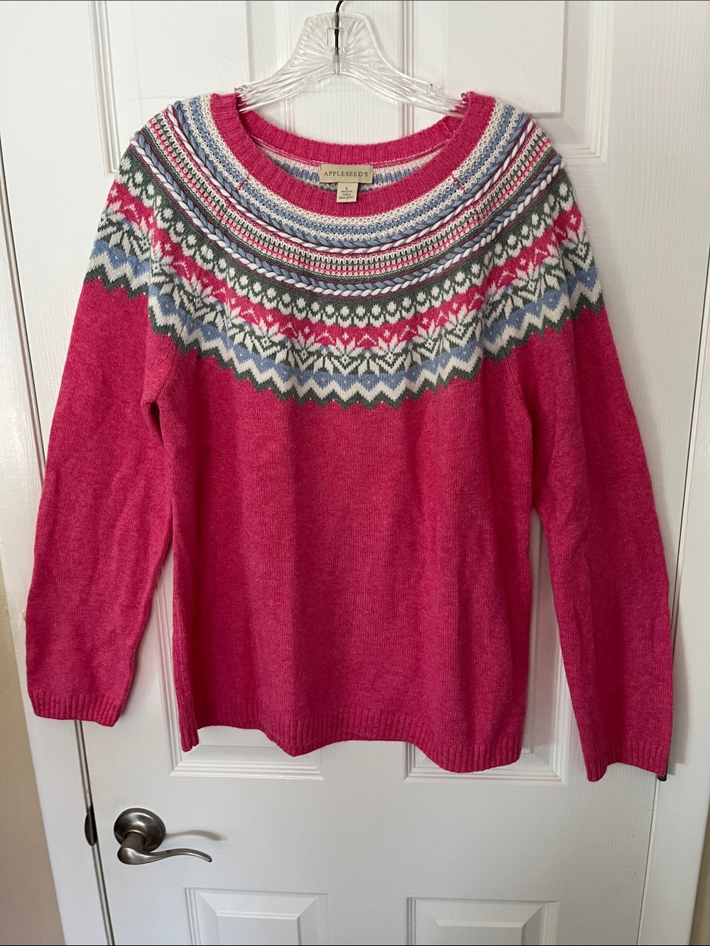 Appleseeds fair isle pullover sweater pink 
Nordic yolk pattern cotton wool LG